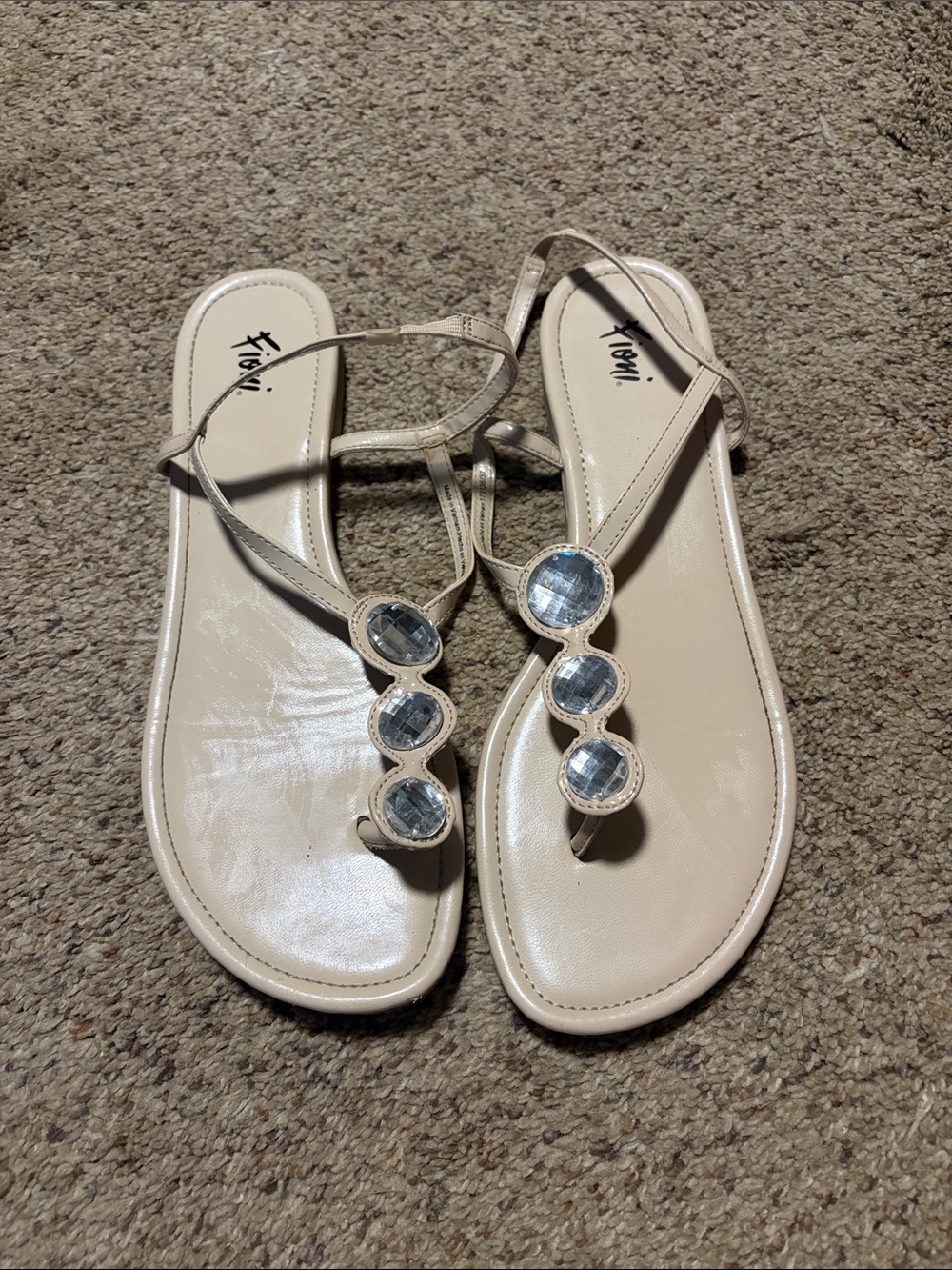 FIONI Beige Jeweled T-Strap Sandals